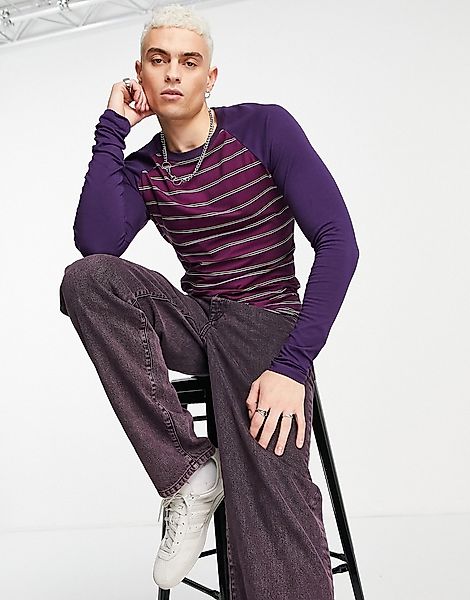 ASOS DESIGN – Langärmliges, schmales Shirt in Lila gestreift-Violett günstig online kaufen