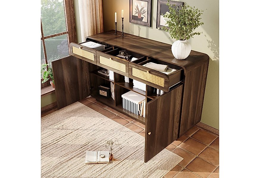 REDOM Sideboard mit Rattanfronten und goldfarbenen Griffen (Kommode, Buffet günstig online kaufen