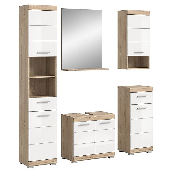 Badkombi Lambada m. Spiegel Eiche Hell/Weiß Hochglanz 164 cm 5-tlg. günstig online kaufen