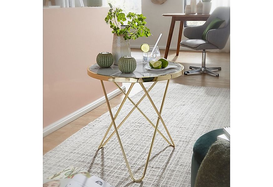 FINEBUY Beistelltisch Design Couchtisch Mamor Optik Weiß Ø55cm Gold Wohnzim günstig online kaufen