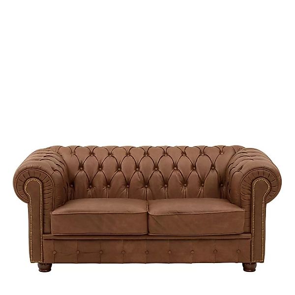 Wohnzimmer Sofa Cognac Braun aus Echtleder Chesterfield Look günstig online kaufen