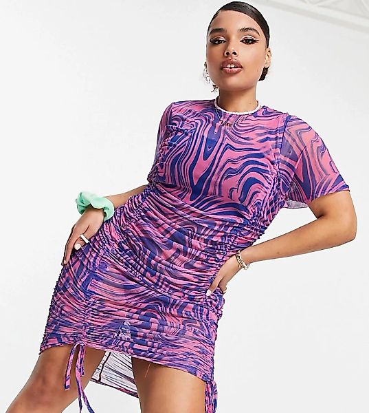 ASOS DESIGN Curve – Buntes Kleid aus Netzstoff mit Muster und Raffung-Mehrf günstig online kaufen