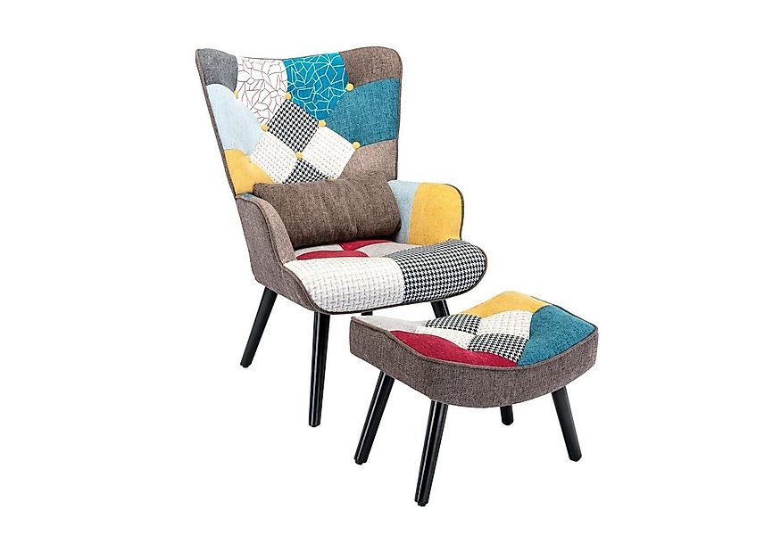 HomeMiYN Ohrensessel Relaxsessel Lehnstühle Patchwork Ohrensessel mit Hocke günstig online kaufen