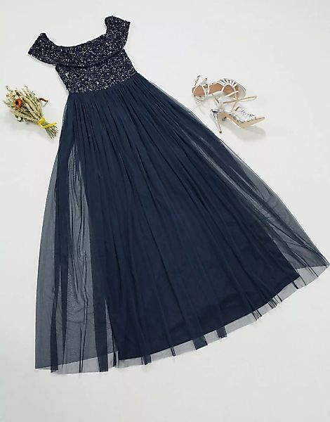 Maya – Bridesmaid – Maxi-Tüllkleid mit Bardot-Ausschnitt und farblich passe günstig online kaufen