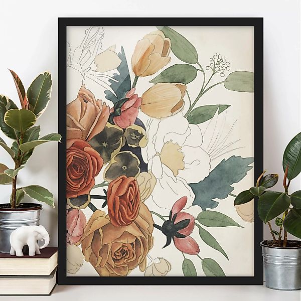 Bild mit Rahmen Blumen - Hochformat Zeichnung Blumenbouquet in Rot und Sepi günstig online kaufen