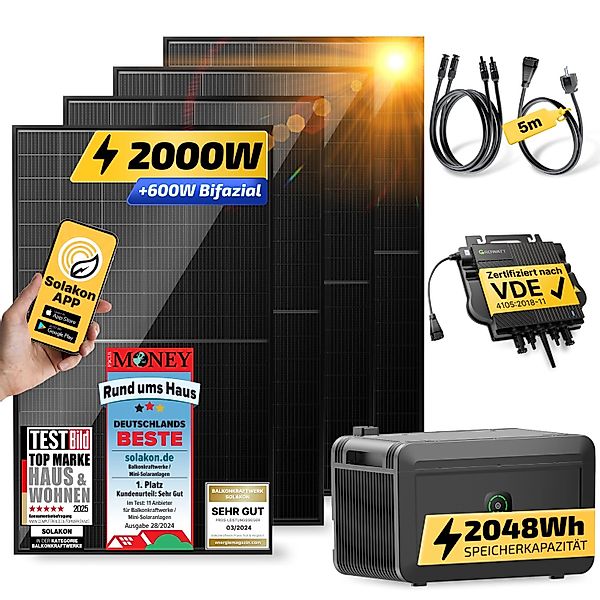Solakon Balkonkraftwerk 2000W 800W Solaranlage mit Speicher Steckerfertig K günstig online kaufen