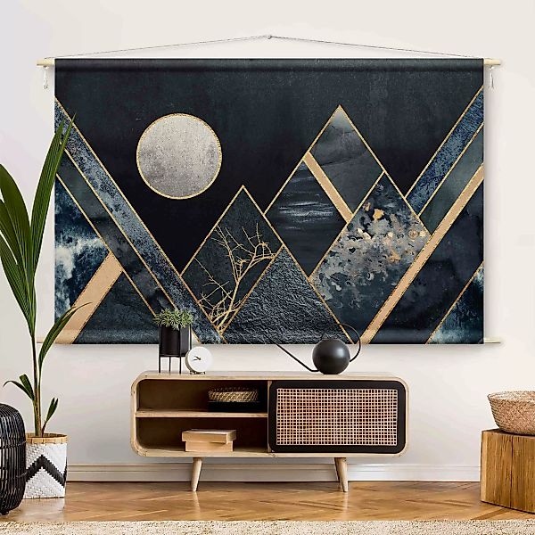 Wandteppich Goldener Mond abstrakte schwarze Berge günstig online kaufen