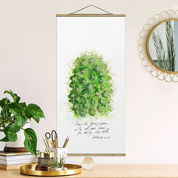 Stoffbild Blumen mit Posterleisten - Hochformat Kaktus mit Bibelvers I günstig online kaufen