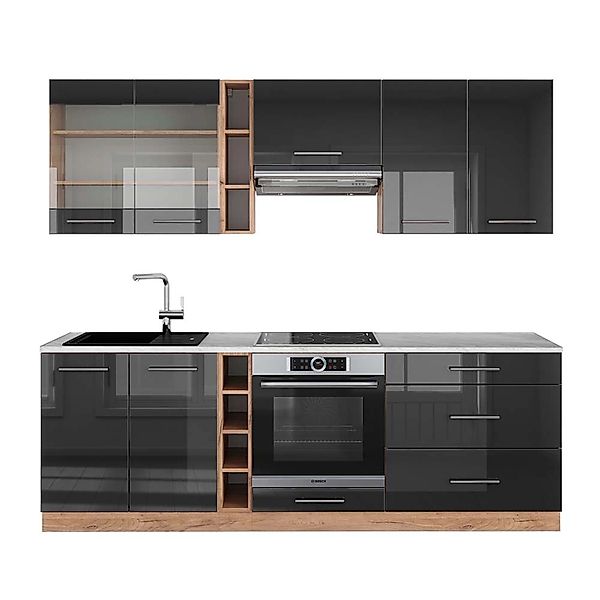 Vicco Fame-Line Küchenschränke Anthrazit Hochglanz/Goldkraft Eiche 235 cm A günstig online kaufen