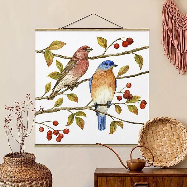 Stoffbild Tiere mit Posterleisten - Quadrat Vögel und Beeren - Hüttensänger günstig online kaufen