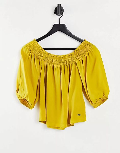 Superdry – Desert – Schulterfreie Bluse mit Punkten in Marineblau-Gelb günstig online kaufen