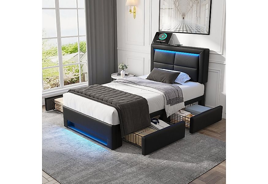 Flieks Polsterbett, LED Einzelbett 90x200cm mit USB-Anschluss und 4 Schubla günstig online kaufen