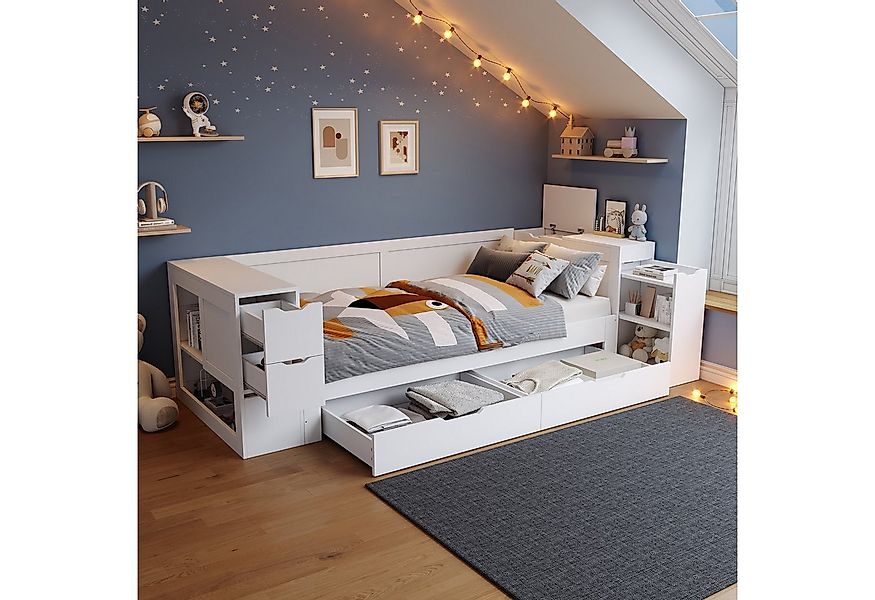 Flieks Kinderbett, Stauraumbett Daybett 90x200cm mit Schubladen, Regalen un günstig online kaufen