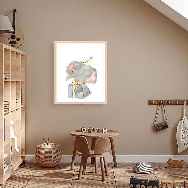Lüttenhütt Bild mit Rahmen "oder Poster, Elefant mit Geschenk und Partyhut" günstig online kaufen