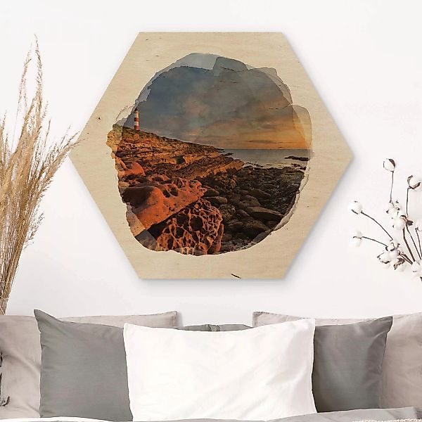 Hexagon-Holzbild Wasserfarben - Tarbat Ness Meer & Leuchtturm bei Sonnenunt günstig online kaufen