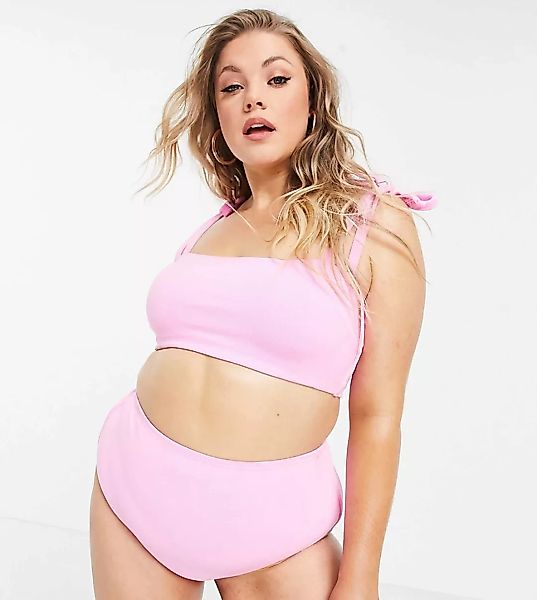 ASOS DESIGN Curve – Bikiniunterteil aus Frottee mit hoher Taille in Rosa günstig online kaufen