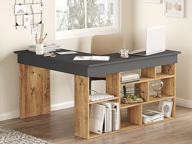 Eckschreibtisch mit Stauraum - Anthrazit & Holzfarben - LILEUL günstig online kaufen