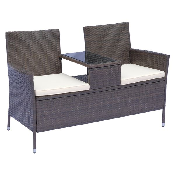 Outsunny Polyrattan Sitzbank 2-Sitzer mit Tisch Gartenbank Stahlrahmen Brau günstig online kaufen