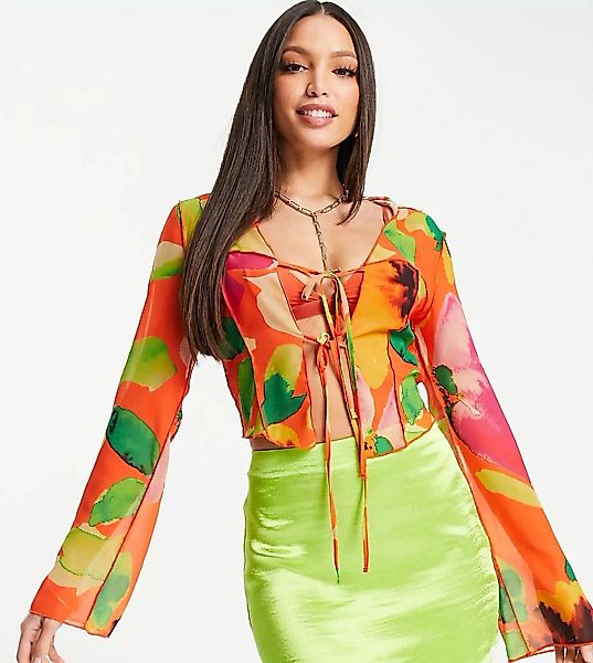 ASOS DESIGN Tall – Geblümte Bluse in Orange mit Kontrastnaht und zweifacher günstig online kaufen