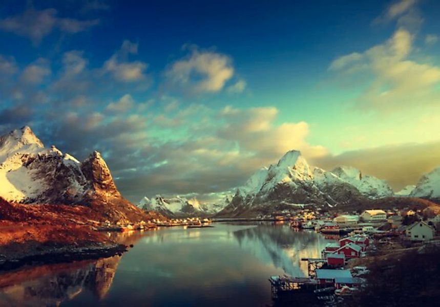 Papermoon Fototapete »LOFOTEN-INSELN-SEE GEBIRGE BERGE ALPEN SONNE DORF MEE günstig online kaufen