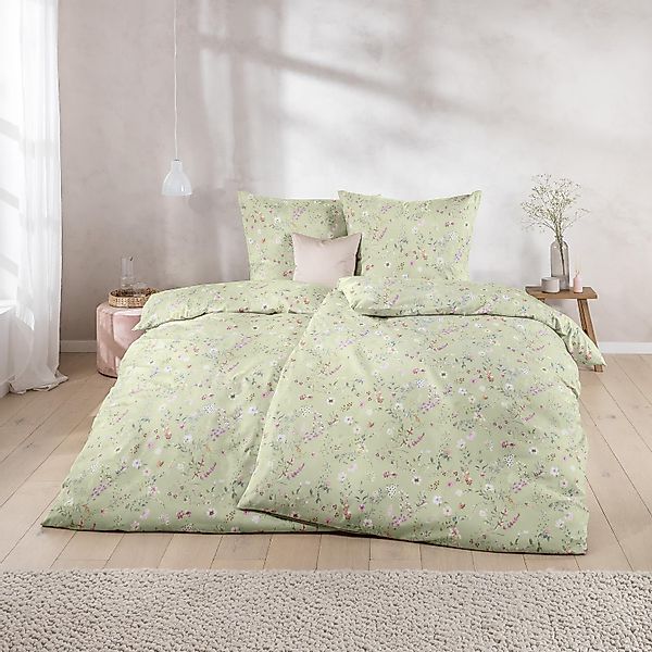 Estella Mako Satin Bettwäsche Dilara 7529-550 Blumen Grün Rosa 135x200 günstig online kaufen