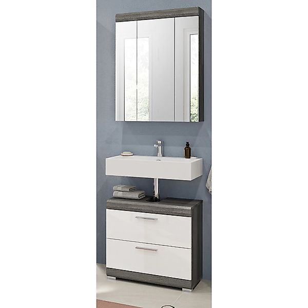 Inn.Furn Badmöbel-Set Weiß Hochglanz Grau 2-teilig 60 cm mit Spiegel Shawn günstig online kaufen