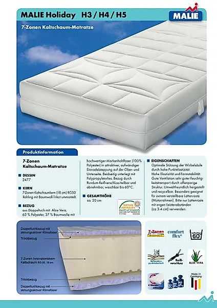 140x220 7-Zonen Kaltschaum-Matratze Malie Holiday H2 günstig online kaufen