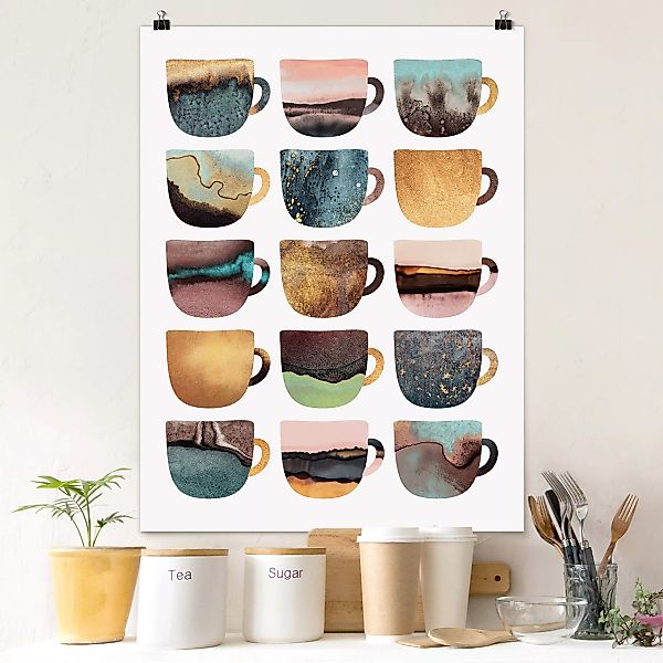 Poster Küche - Hochformat Bunte Kaffeetassen mit Gold günstig online kaufen