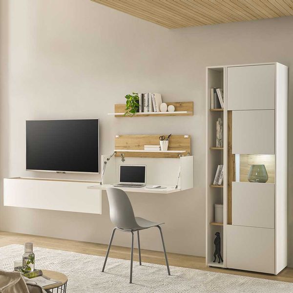 Wohnzimmerwand mit Sekretär in Weiß Wildeichefarben (fünfteilig) günstig online kaufen