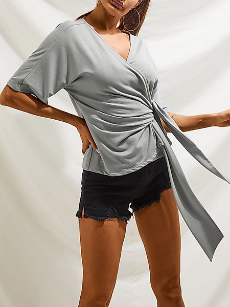 YOINS Grey Wrap Tie-up Design Kurzarm-T-Shirt mit V-Ausschnitt günstig online kaufen