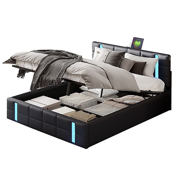 FUROKOY Polsterbett LED Hydraulisches Doppelbett Kunstleder, günstig online kaufen