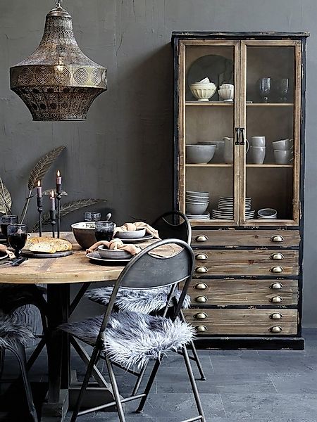 Chic Antique Standvitrine Vitrinenschrank m. 2 Glastüren und 4 Schubladen V günstig online kaufen