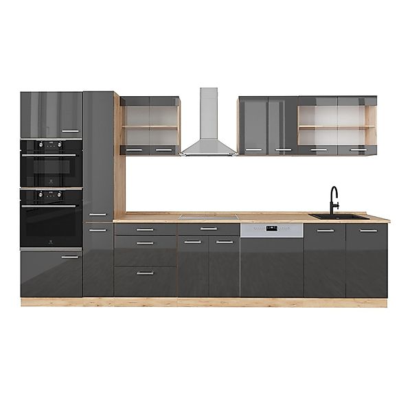 Vicco R-Line Küchenzeile Anthrazit Hochglanz/Goldkraft Eiche 350 cm mit Hoc günstig online kaufen