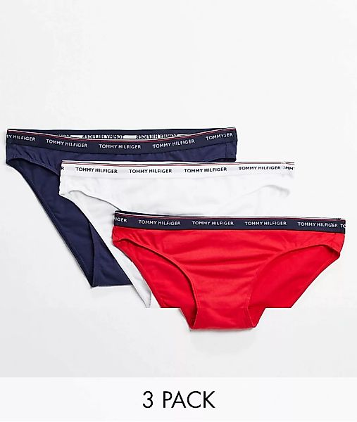 Tommy Hilfiger – Essentials – 3er-Pack Slips in Bikiniform in Rot, Weiß und günstig online kaufen