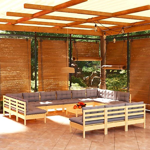14-tlg. Garten-lounge-set Mit Grauen Kissen Kiefer Massivholz günstig online kaufen
