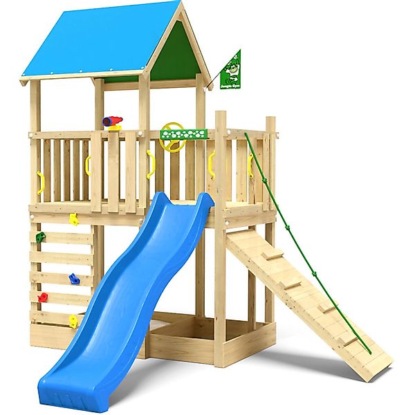 Jungle Gym Spielturm Wonder Holz mit Planendach Kletterrampe Rutsche Blau günstig online kaufen