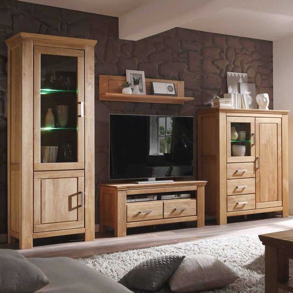 Wohnwand aus Wildeiche geölt und gewachst LED Beleuchtung (vierteilig) günstig online kaufen