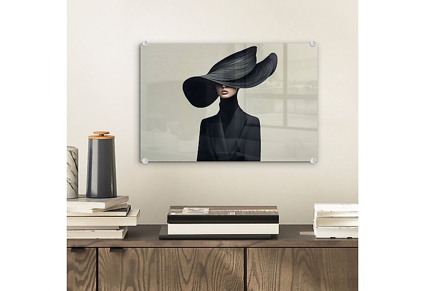 MuchoWow Acrylglasbild Schwarz - Frau - Hut, Inkl. Aufhängung, Glasbilder W günstig online kaufen