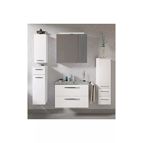 Badezimmer Komplett Set mit Glaswaschbecken TRENTO-66 in weiß Glanz, B/H/T: günstig online kaufen