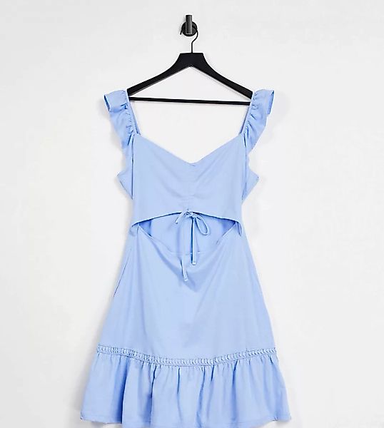 ASOS DESIGN Tall – Sommerkleid in Chambrayblau mit Zierausschnitt und gerüs günstig online kaufen