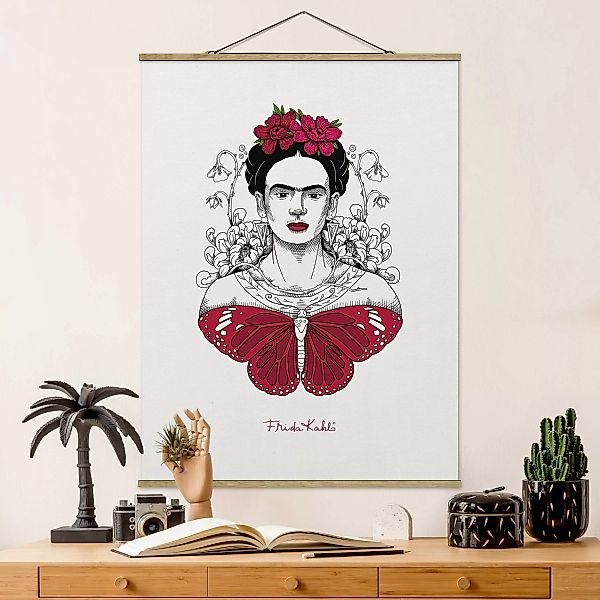 Stoffbild mit Posterleisten Frida Kahlo Portrait mit Blüten und Schmetterli günstig online kaufen