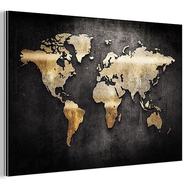 MuchoWow Metallbild Weltkarte - Gold - Schwarz, Inkl. Aufhängung, Wohnzimme günstig online kaufen