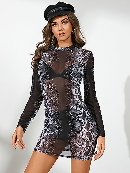 YOINS Black Mock Neck Snakeskin Mini Kleid günstig online kaufen