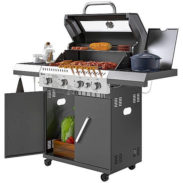 Outsunny Gasgrill 12 KW Grillwagen inkl 5 Brenner Seitenkocher Rolle Druckm günstig online kaufen
