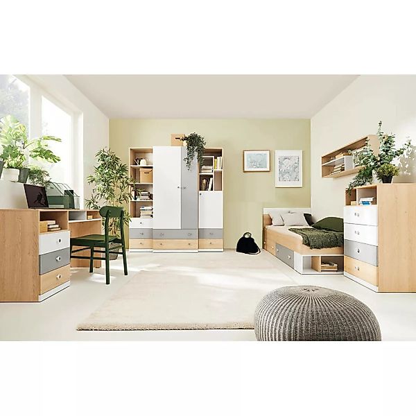 Kinderzimmer Set in Eiche mit weiß und grau PINETO-133, 7-teilig, inkl. 90x günstig online kaufen