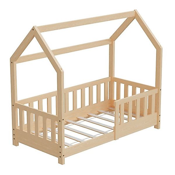 HAGO Kinderbett 70x140cm Natur Hausbett Dach Rausfallschutz Massivholz Kief günstig online kaufen