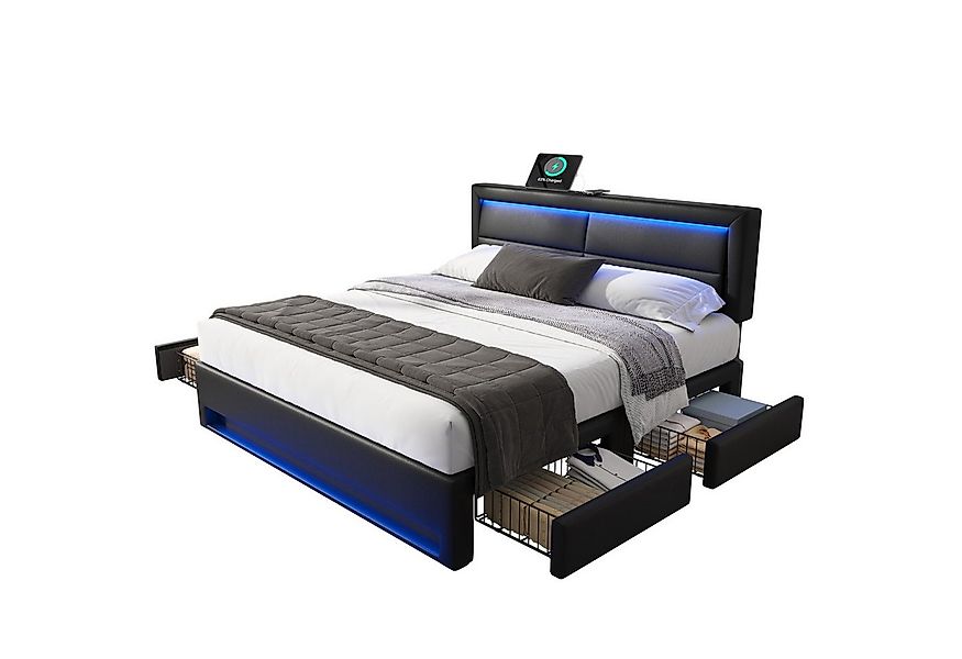 Flieks Polsterbett, LED Doppelbett 140x200cm mit USB-Anschluss und 4 Schubl günstig online kaufen