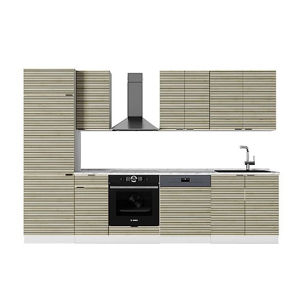 Vicco Fame-Line Küchenzeile Eiche Paneel/Weiß 300 cm AP Marmor ohne E-Gerät günstig online kaufen