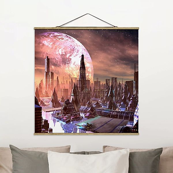 Stoffbild mit Posterleisten Sci-Fi Stadt mit Planeten günstig online kaufen