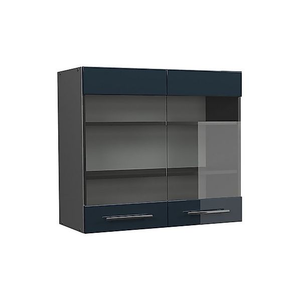 Vicco Küchenglasschrank Fame-Line Dunkelblau Hochglanz/Anthrazit 80 cm günstig online kaufen
